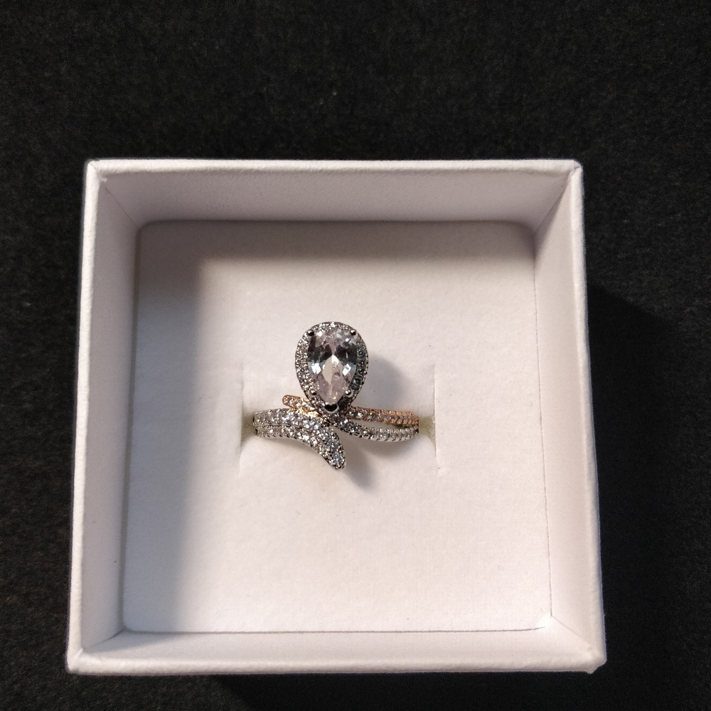 NEW 925 STERLING SILVER PLATED COPPER MOON DROP ZIRCON RING SZ 8